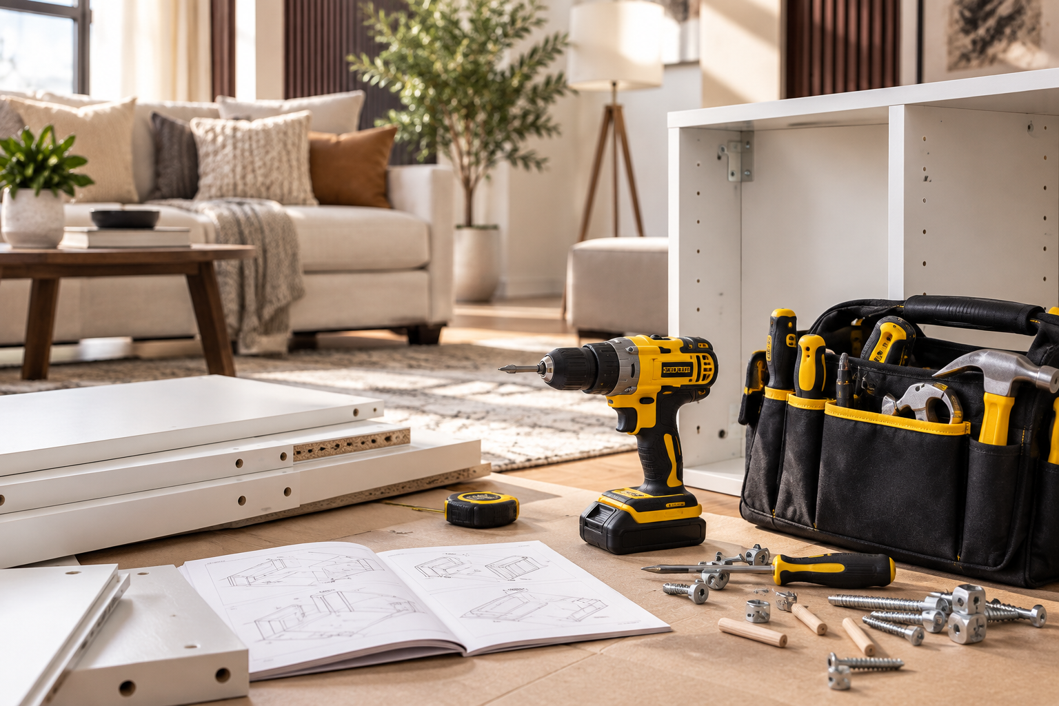 Furniture parts and assembly tools in a bright living room